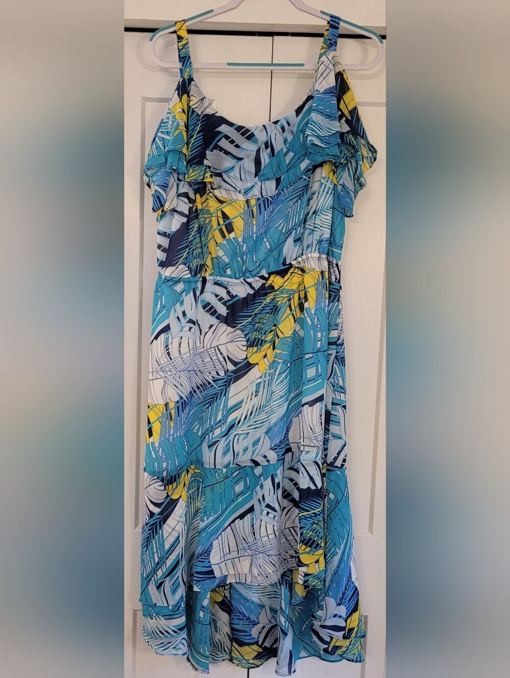 Roz & Ali Blue, Yellow & White Tropical Hi-Lo Dress